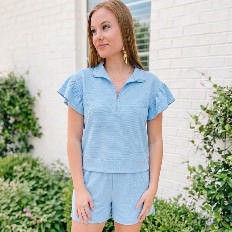 Beau Blue Ribbed Texture Half Zip Ruffled Short Sleeve Top and Shorts Set