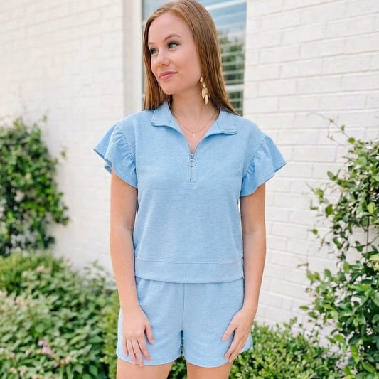 Beau Blue Ribbed Texture Half Zip Ruffled Short Sleeve Top and Shorts Set