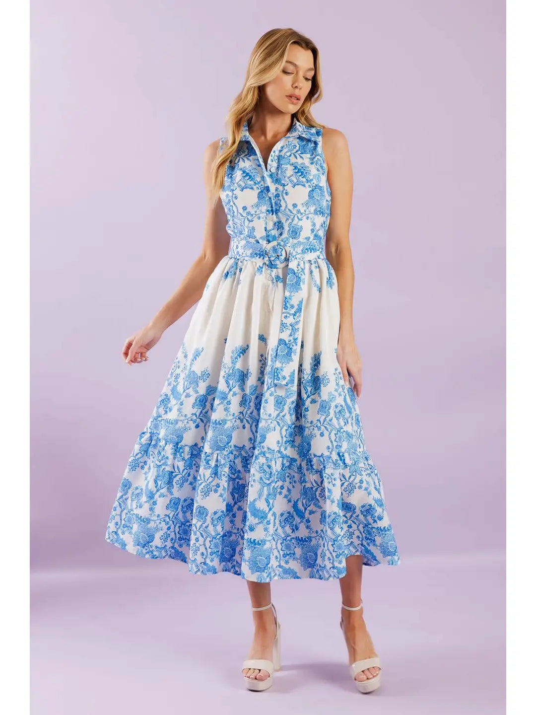 Printed Woven Midi Dress white and blue
