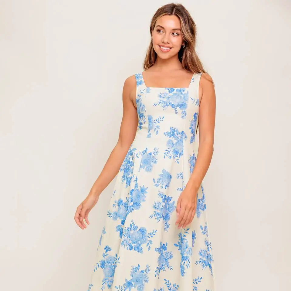 Printed Woven Midi Dress  white with blue flowers