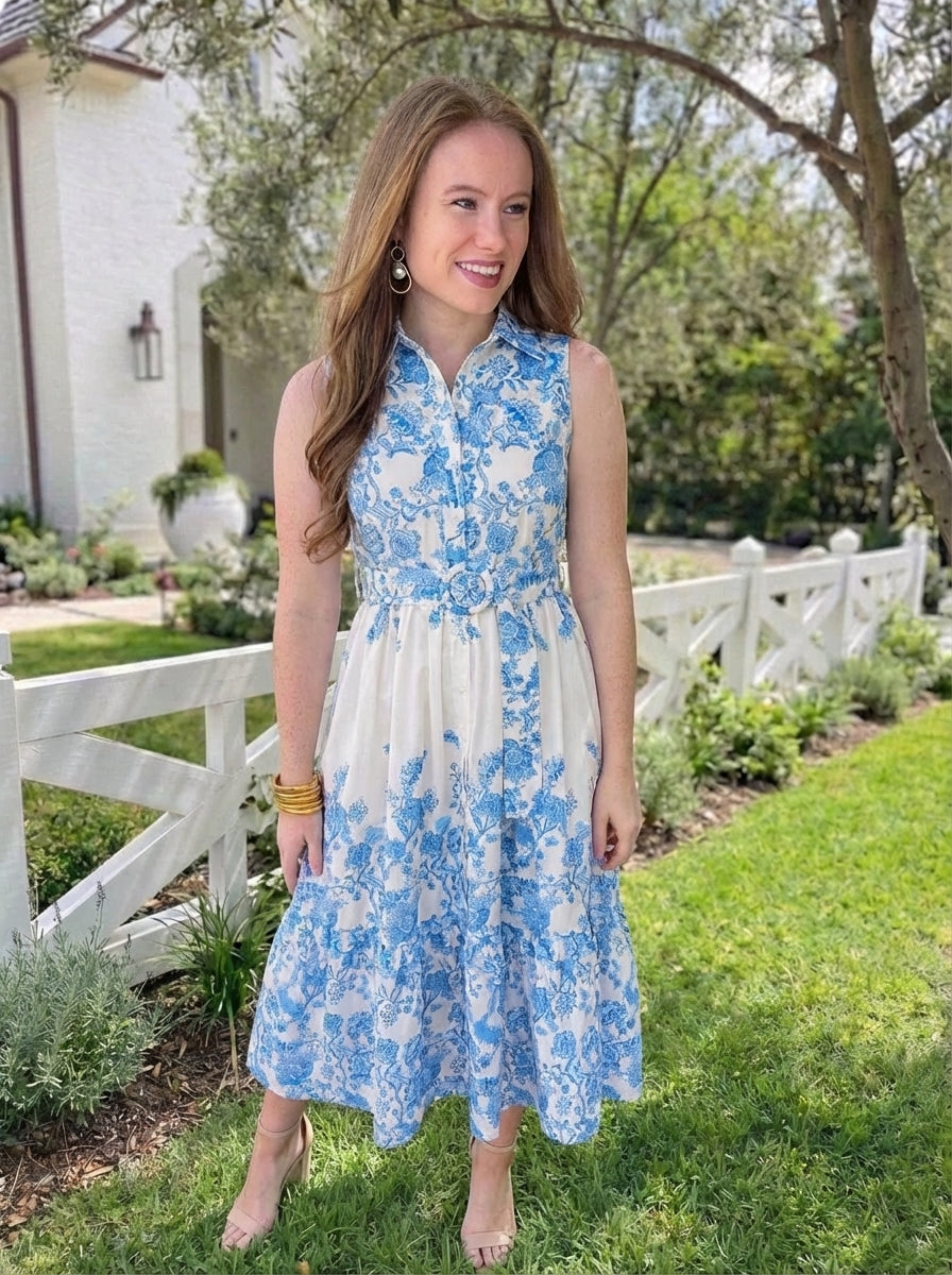 Printed Woven Midi Dress white and blue