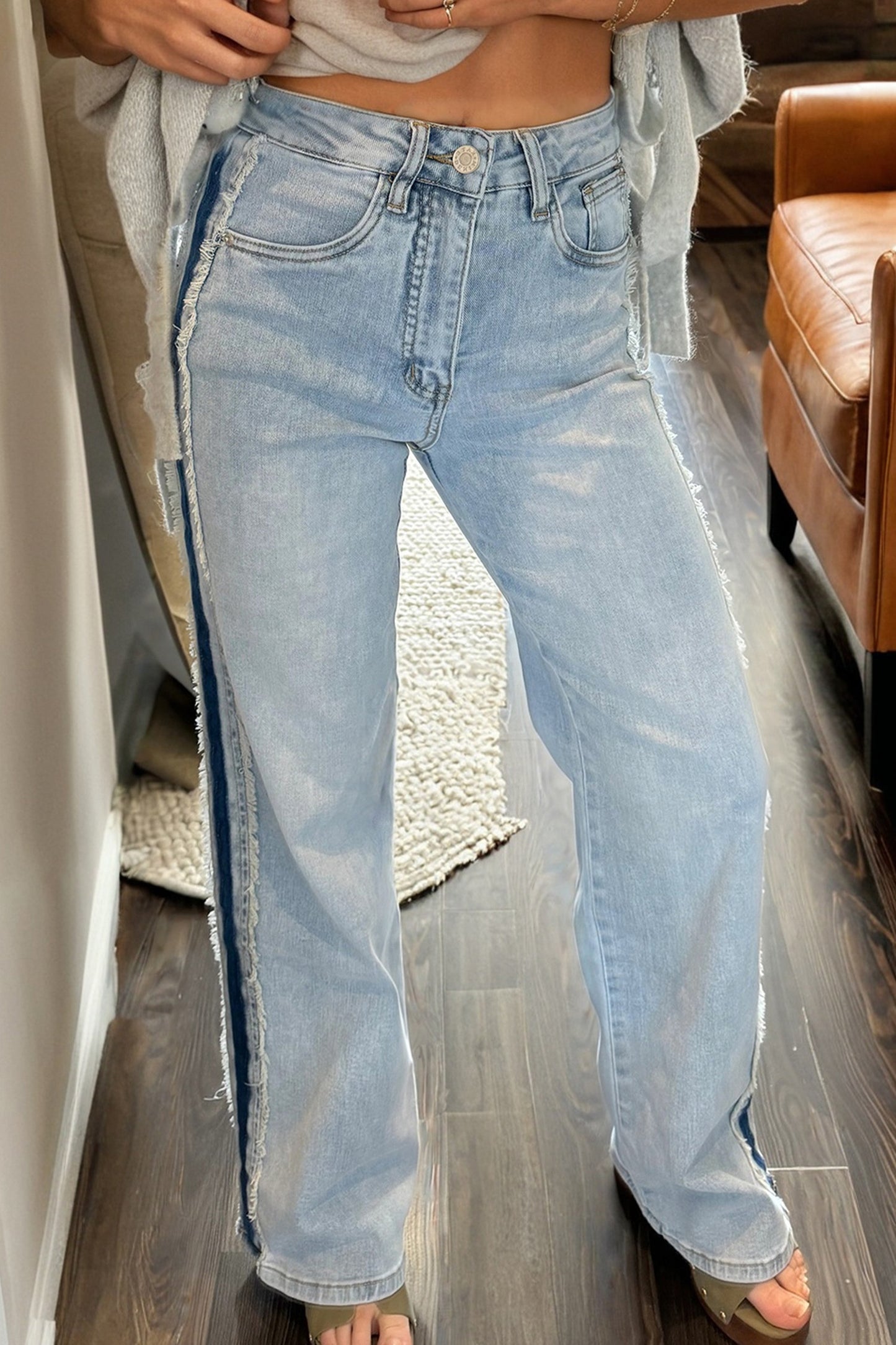 Beau Blue Contrast Stripe Frayed Side Panel Patchwork Shift Jeans