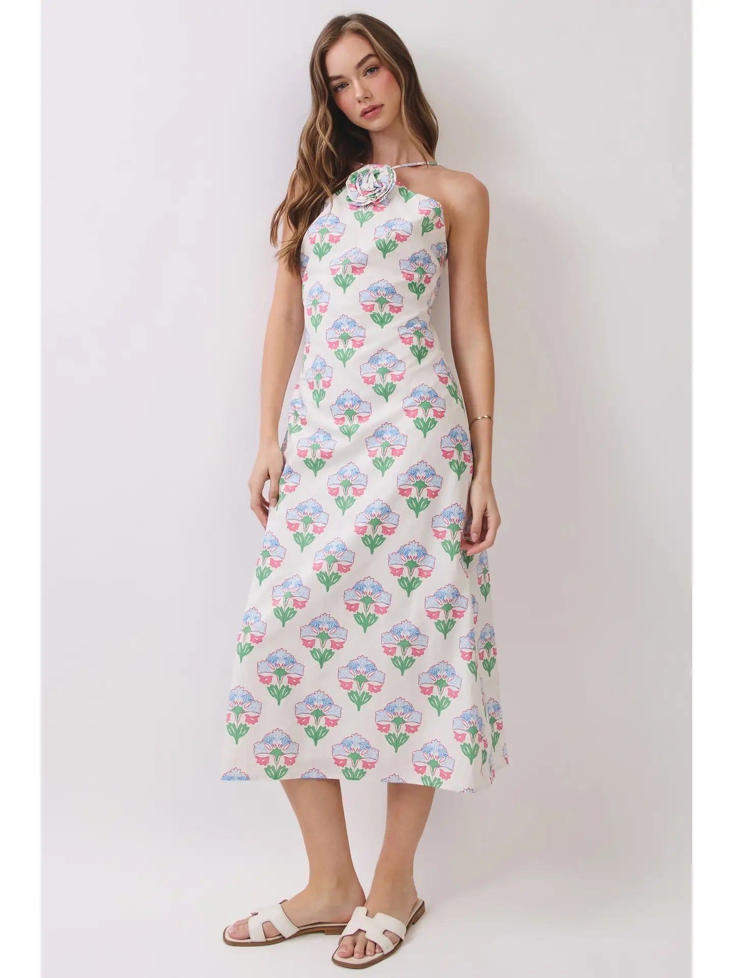 Floral Print Halter Midi Dress with Rosette Detail