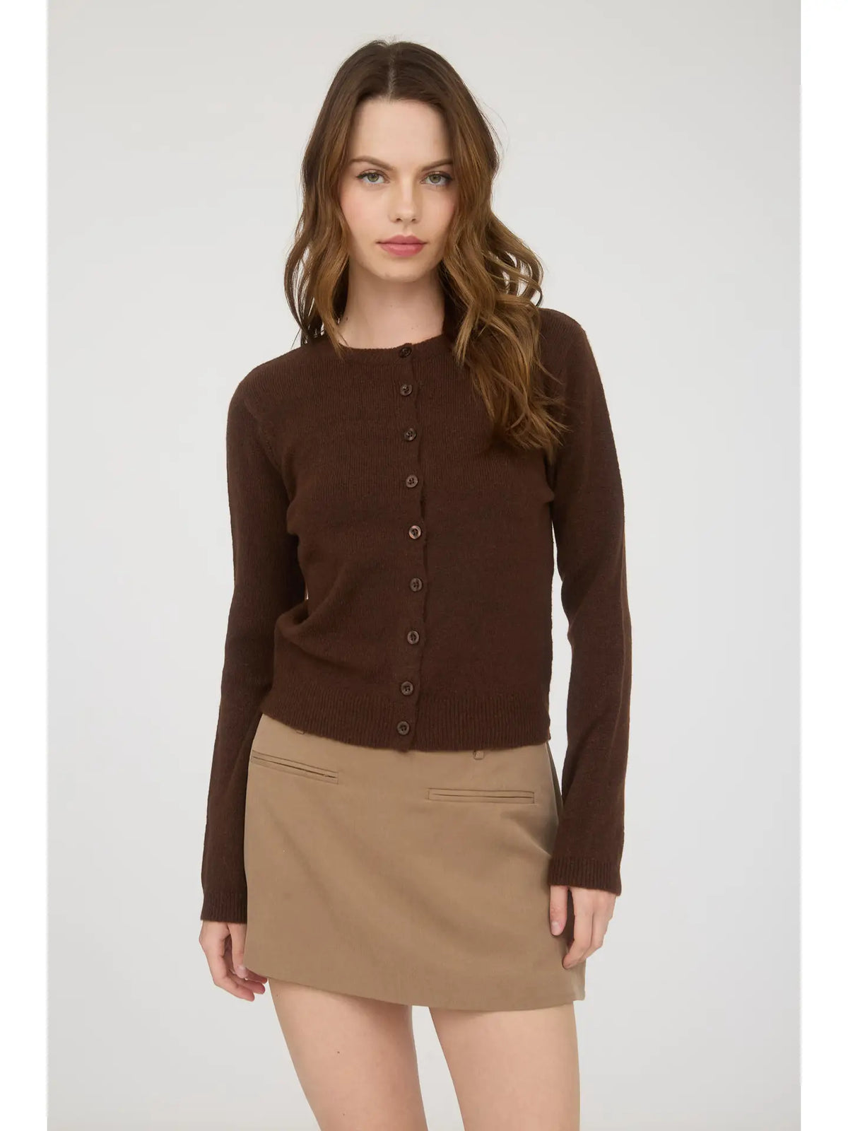 Round Neck Button Down Long Sleeve Cardigan