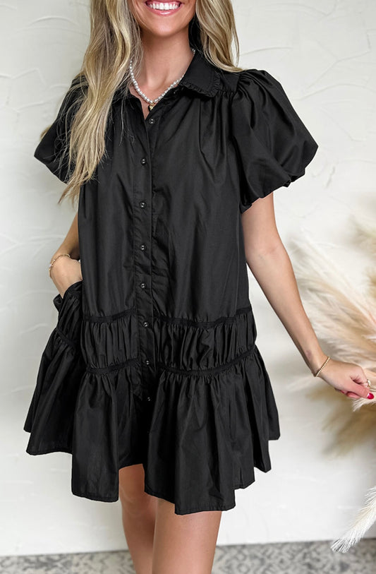 Black Shirt Style Button Down Puff Sleeve Ruffle Hem Dress