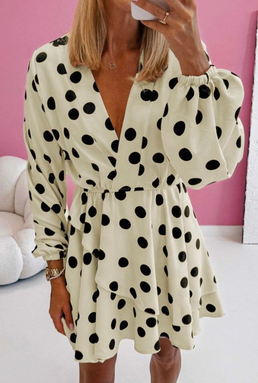 Beige Polka Dot Printed Surplice V Neck Puff Sleeve Mini Dress