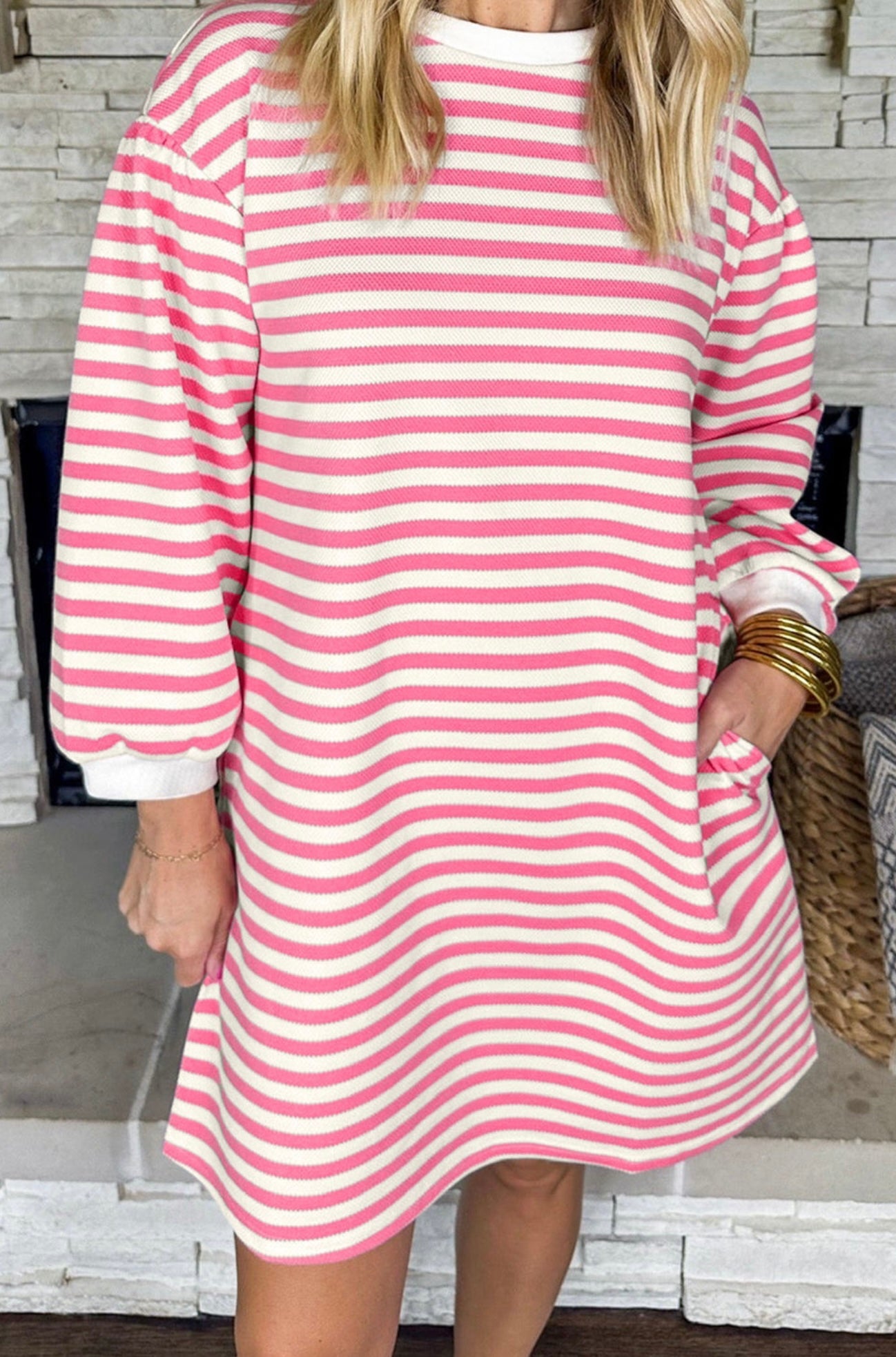 Pink Stripe Round Neck Puff Sleeve Pocketed Shift Dress