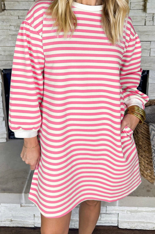 Pink Stripe Round Neck Puff Sleeve Pocketed Shift Dress