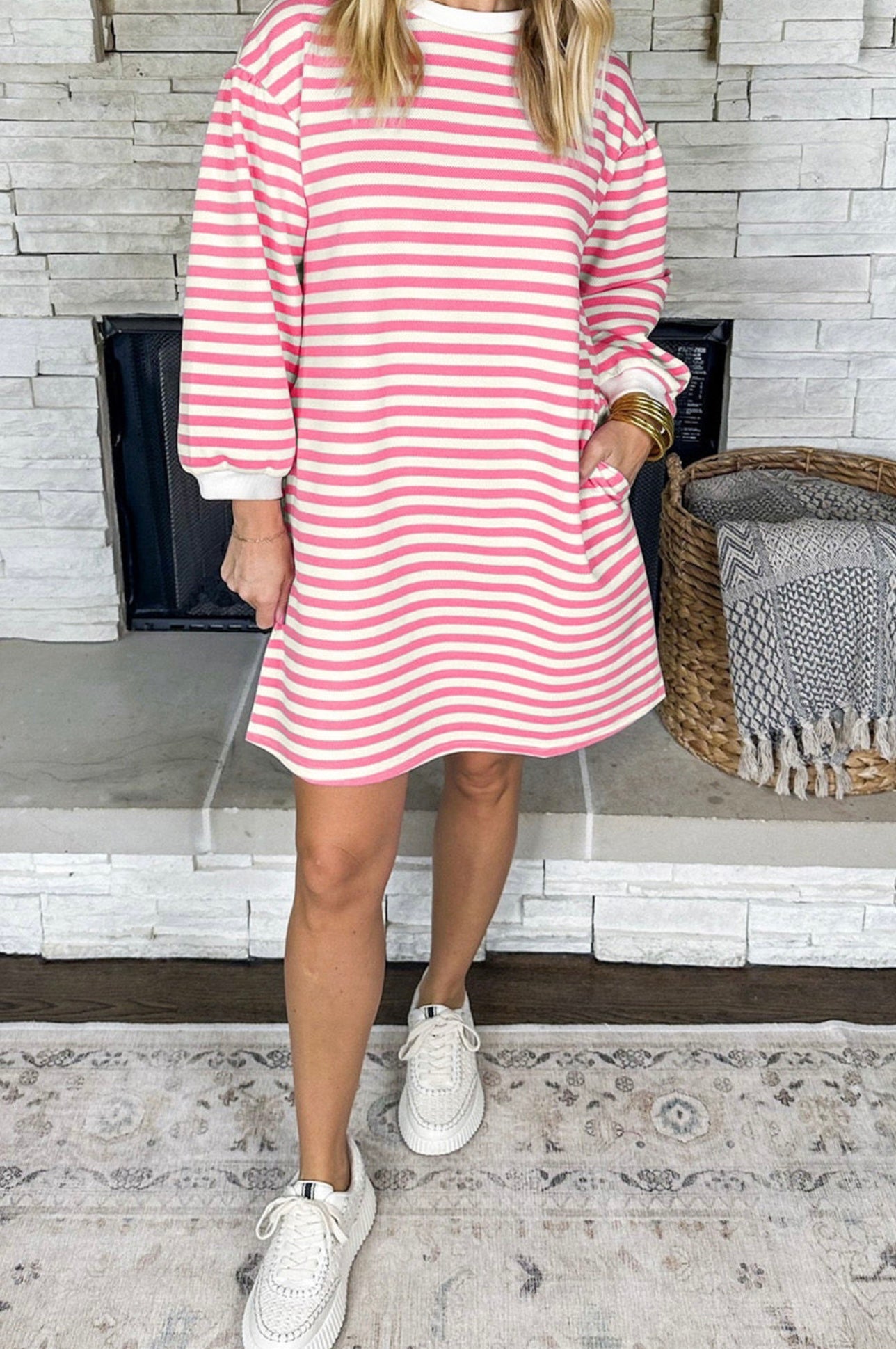 Pink Stripe Round Neck Puff Sleeve Pocketed Shift Dress