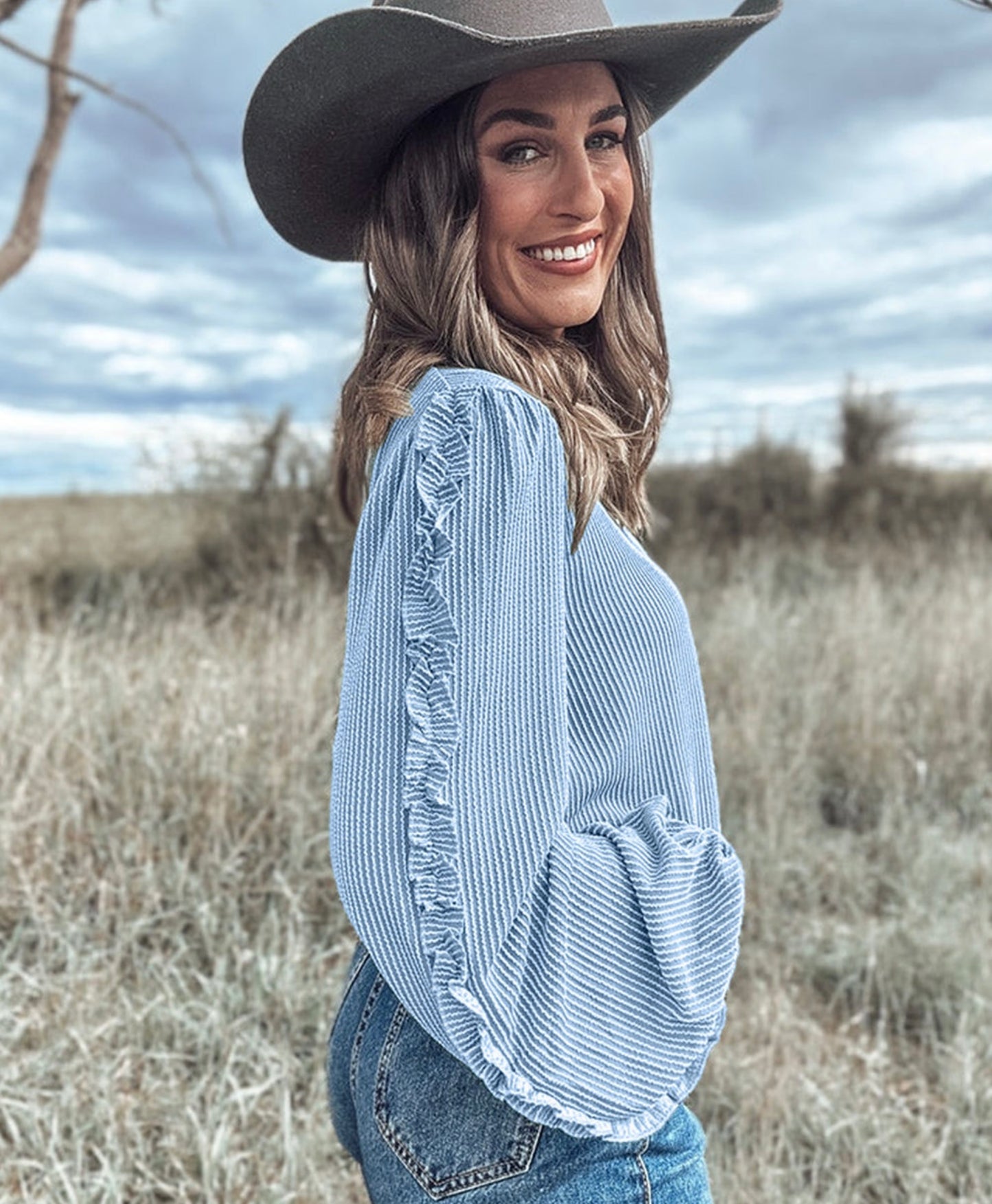 Mist Blue Corded Frilly Puff Sleeve Round Neck Blouse