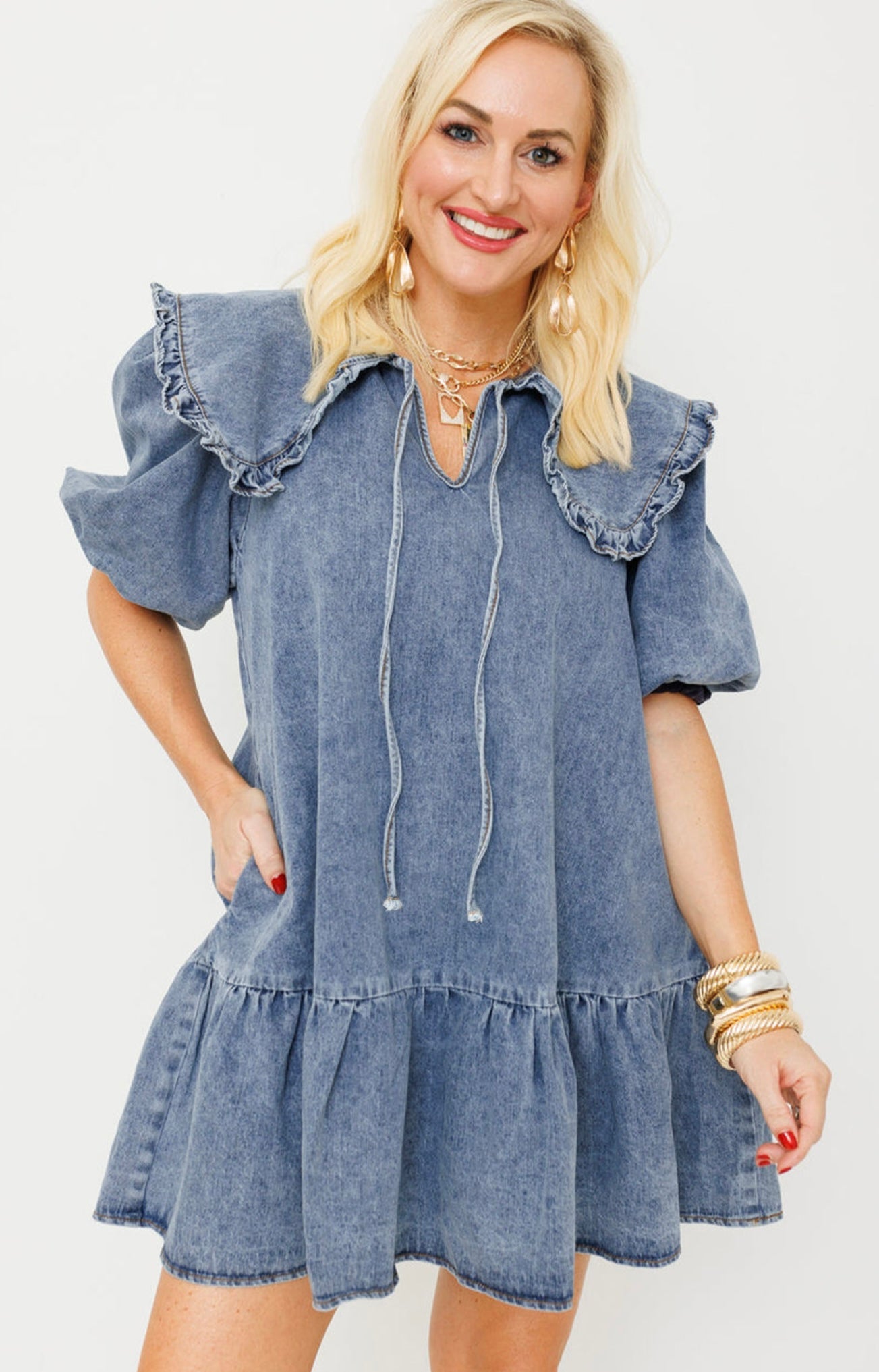 Dusk Blue Ruffled Collared Side Pockets Puff Sleeve Denim Mini Dress