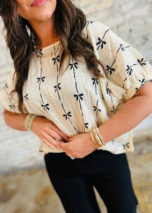 Beige Bow Print Puff Short Sleeve Top