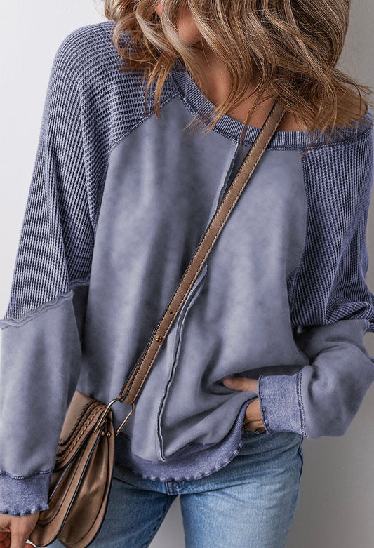 Sail Blue Solid Waffle Knit Patchwork Raglan Sleeve Sweatshirt