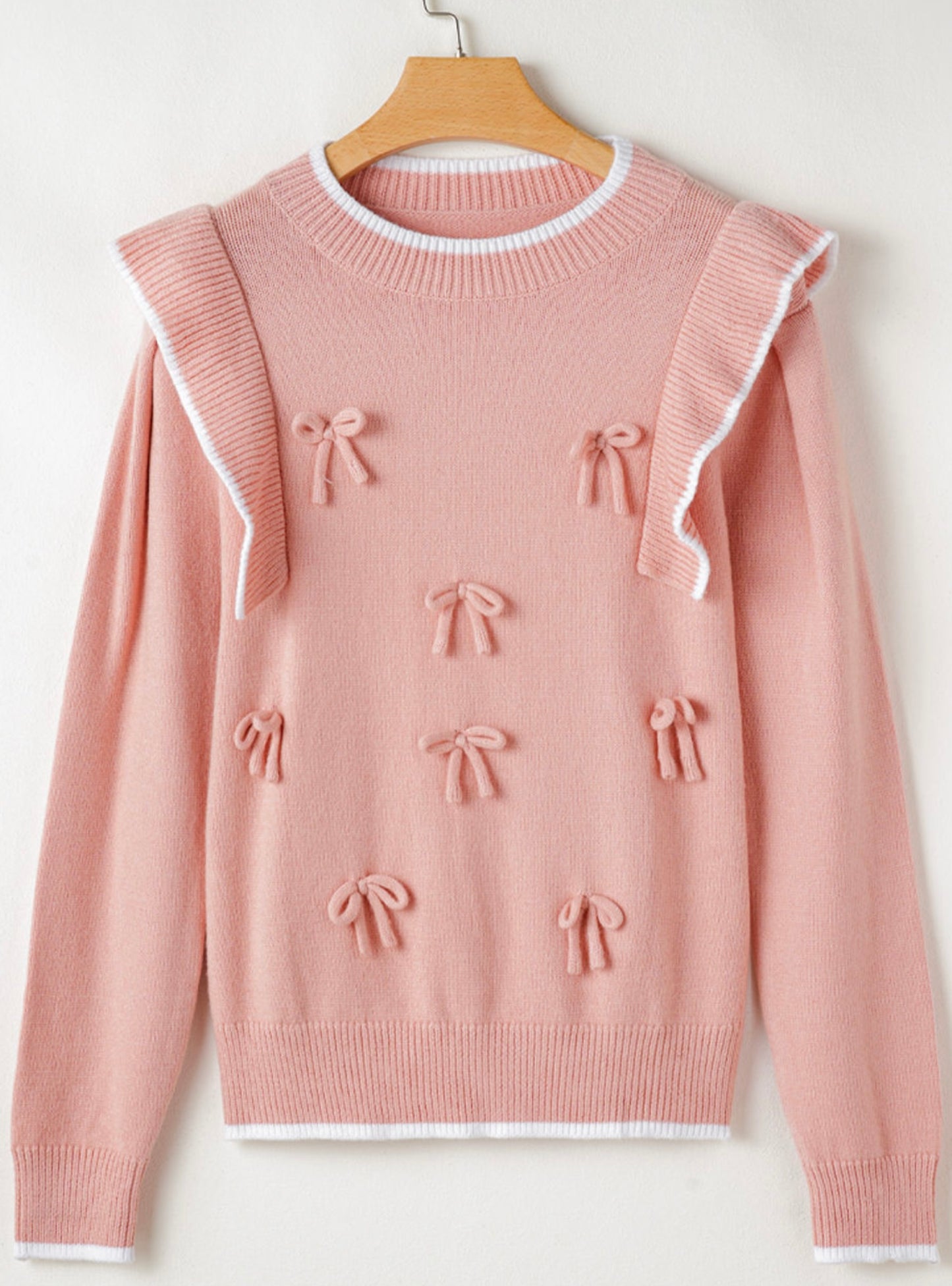 Light Pink Ruffled Bowknot Ribbed Trim Long Sleeve Sweater