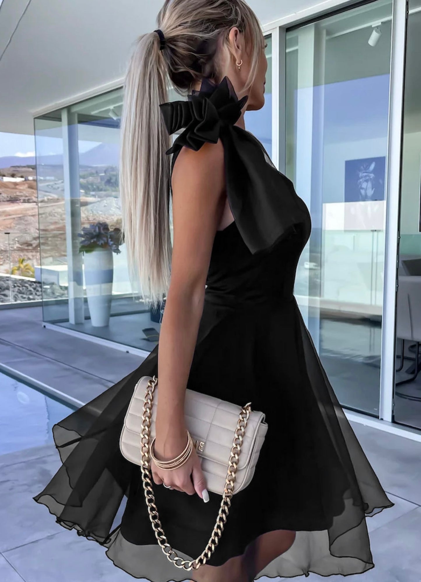 Black Bowtie One-shoulder Tulle Overlay Skater Dress