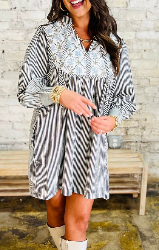 Black Stripe Floral Patchwork Tied V Neck Shift Long Sleeve Mini Dress