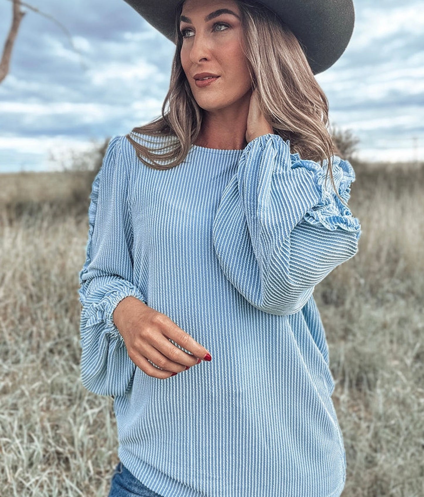 Mist Blue Corded Frilly Puff Sleeve Round Neck Blouse