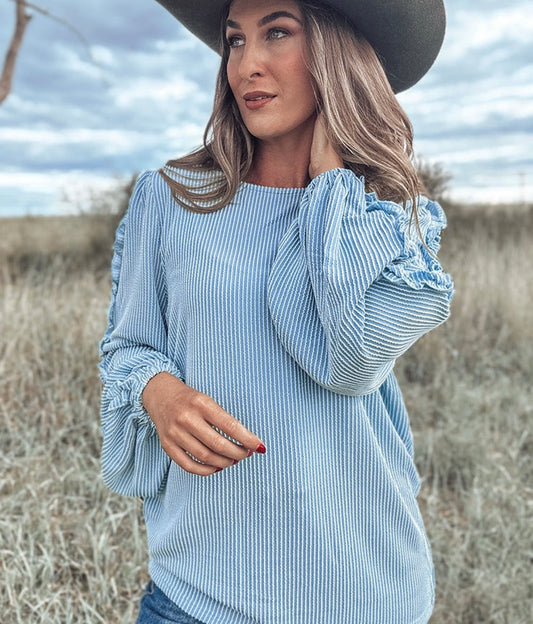 Mist Blue Corded Frilly Puff Sleeve Round Neck Blouse