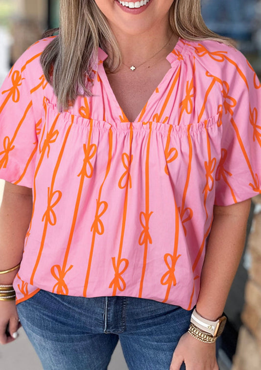 Rose Bowknot Print Shirred V Neck Puff Sleeve Plus Size Blouse
