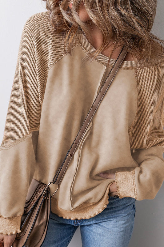 Light French Beige Solid Waffle Knit Patchwork Raglan Sleeve Sweatshirt