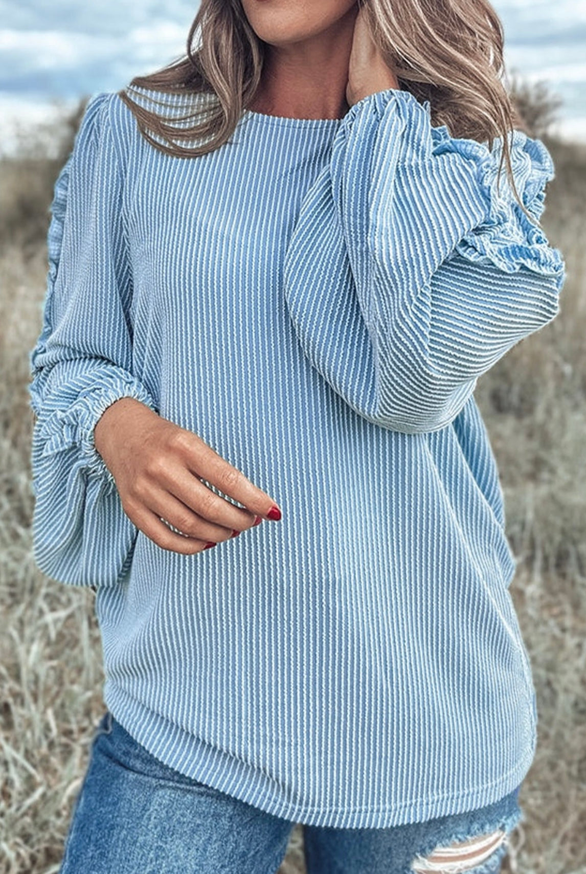 Mist Blue Corded Frilly Puff Sleeve Round Neck Blouse