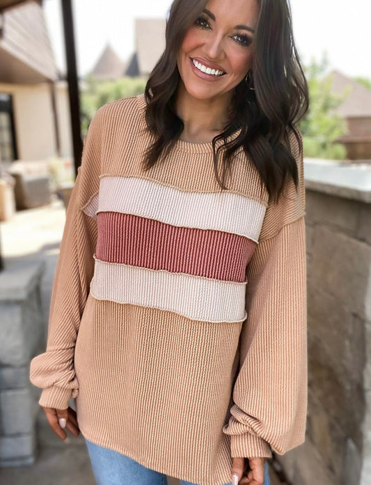 Light French Beige Colorblock Rib Corded Sweatshirt