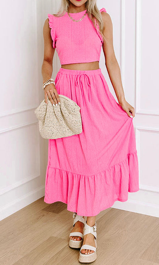 Bonbon Textured Ruffle Trim Crop Vest Lace-up Long Skirt Set