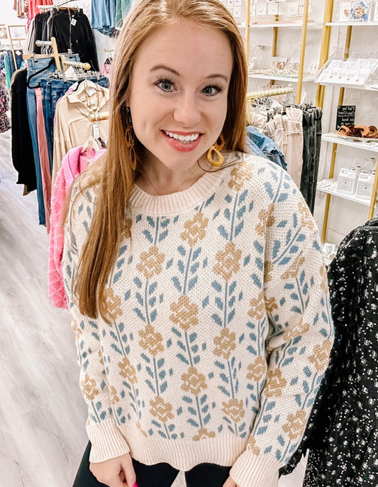 Apricot Floral Pattern Crew Neck Sweater