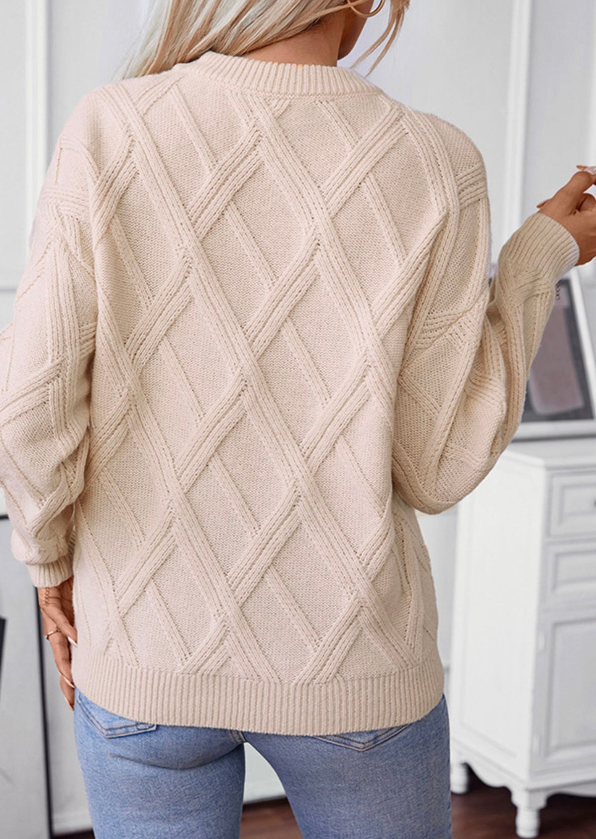 Apricot Diamond Pattern Textured Crew Neck Sweater