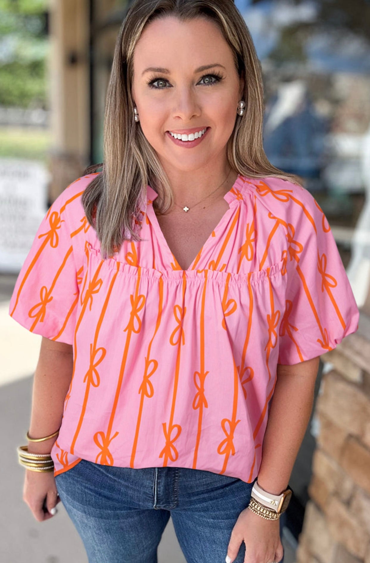 Rose Bowknot Print Shirred V Neck Puff Sleeve Plus Size Blouse