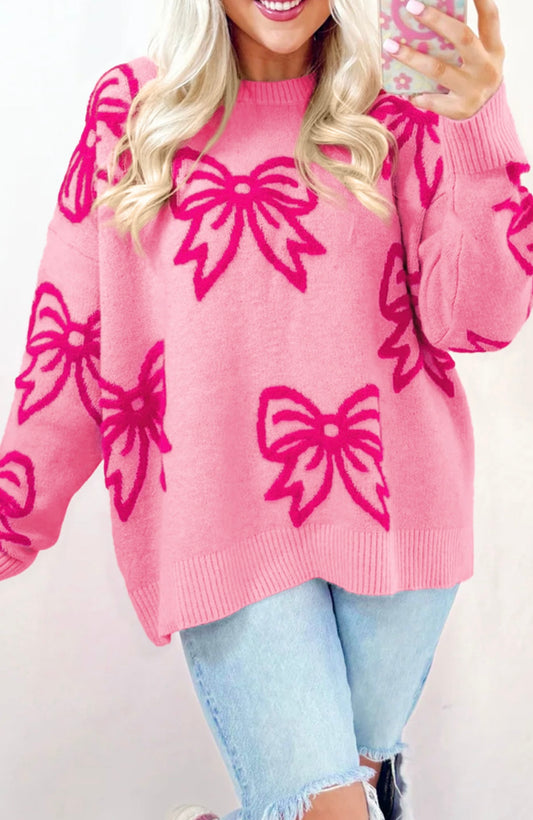 Pink Bow Pattern Drop Shoulder Loose Sweater