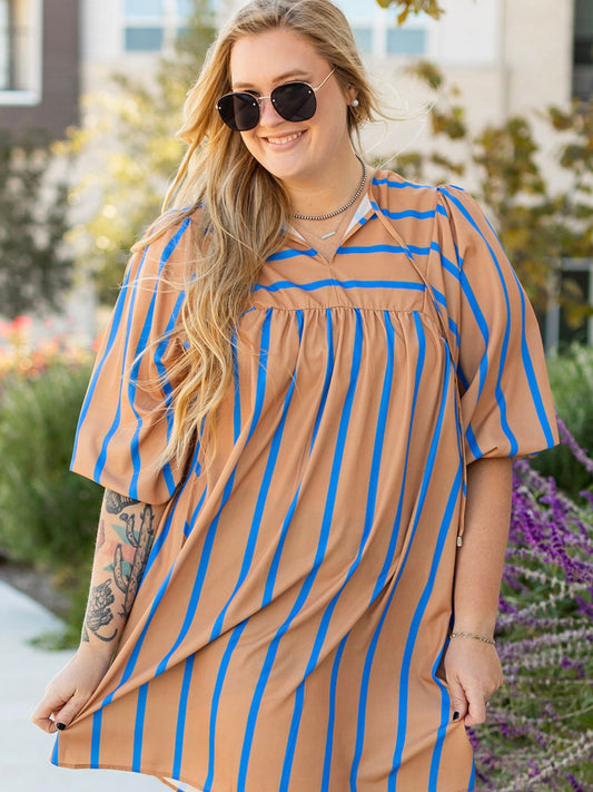 Khaki Stripe Contrast Striped Print 3/4 Sleeve Babydoll Plus Size Dress