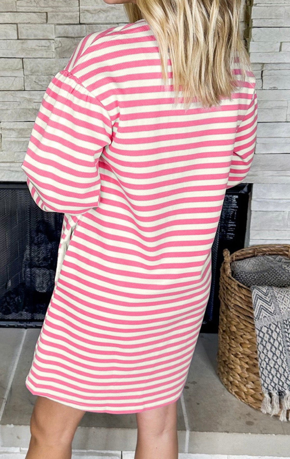 Pink Stripe Round Neck Puff Sleeve Pocketed Shift Dress