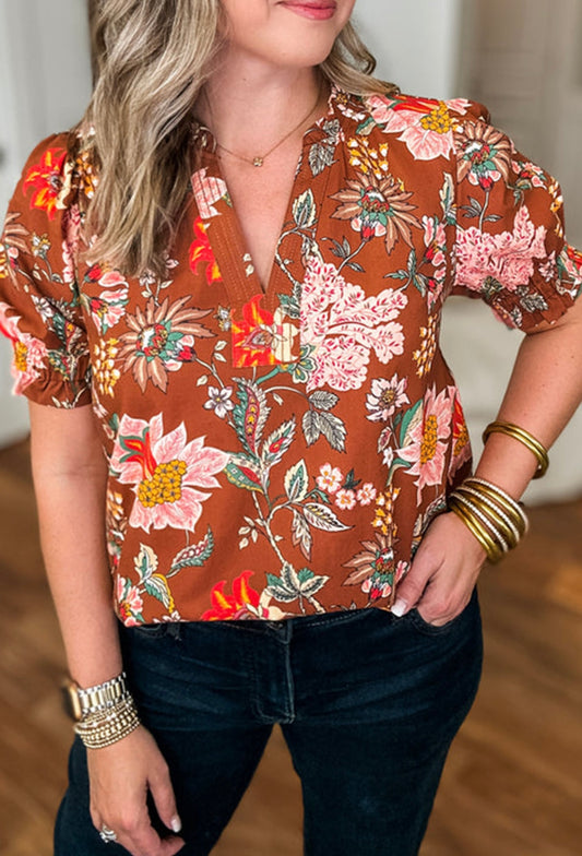 Brown Floral Stitched V Neck Frilled Trim Puff Short Sleeve Blouse