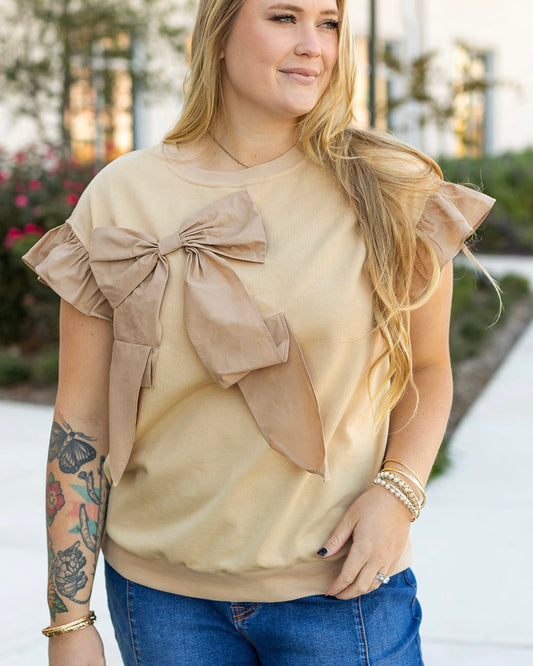Parchment Ruffled Short Sleeve Bowknot Applique Crew Neck Plus Size Top