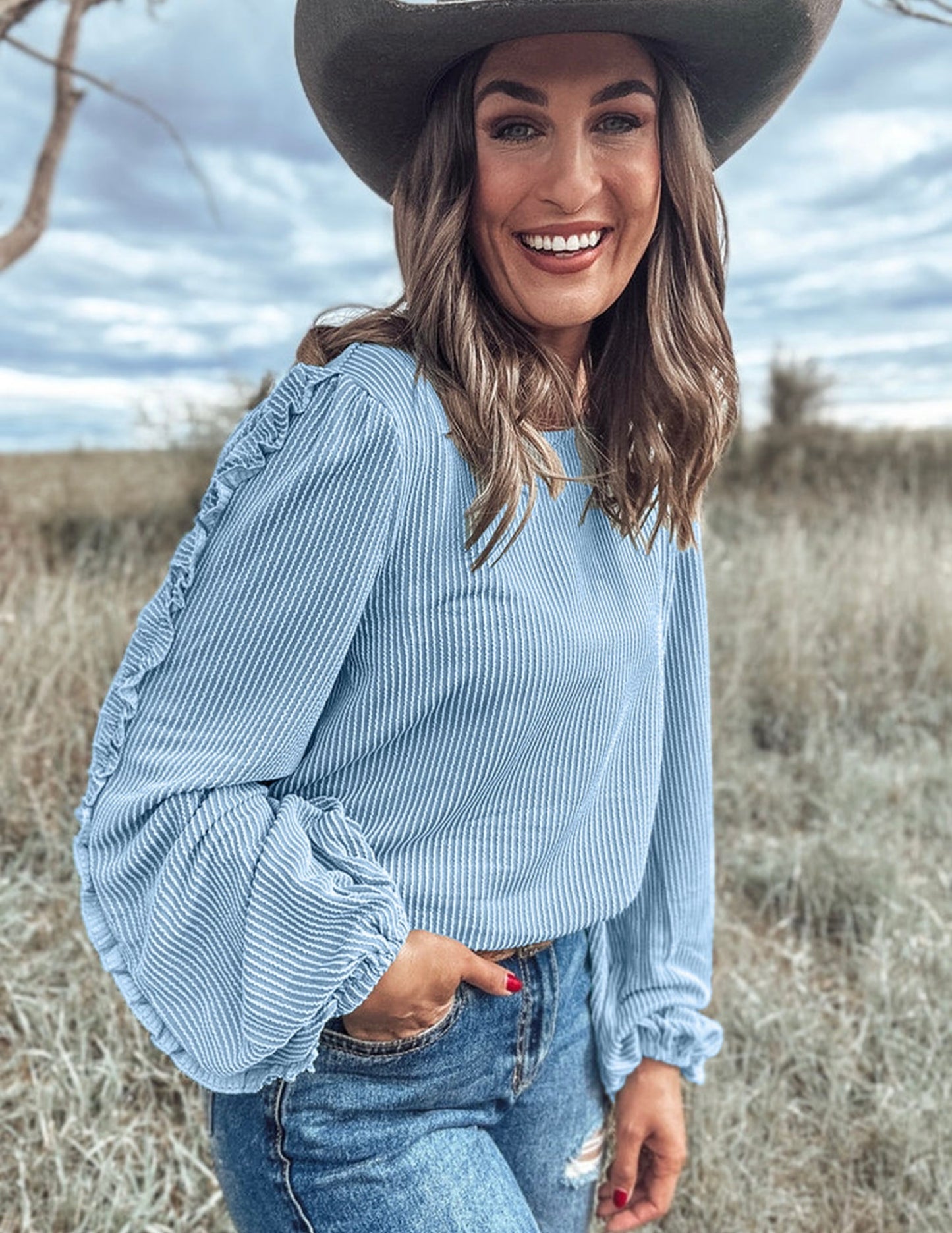 Mist Blue Corded Frilly Puff Sleeve Round Neck Blouse