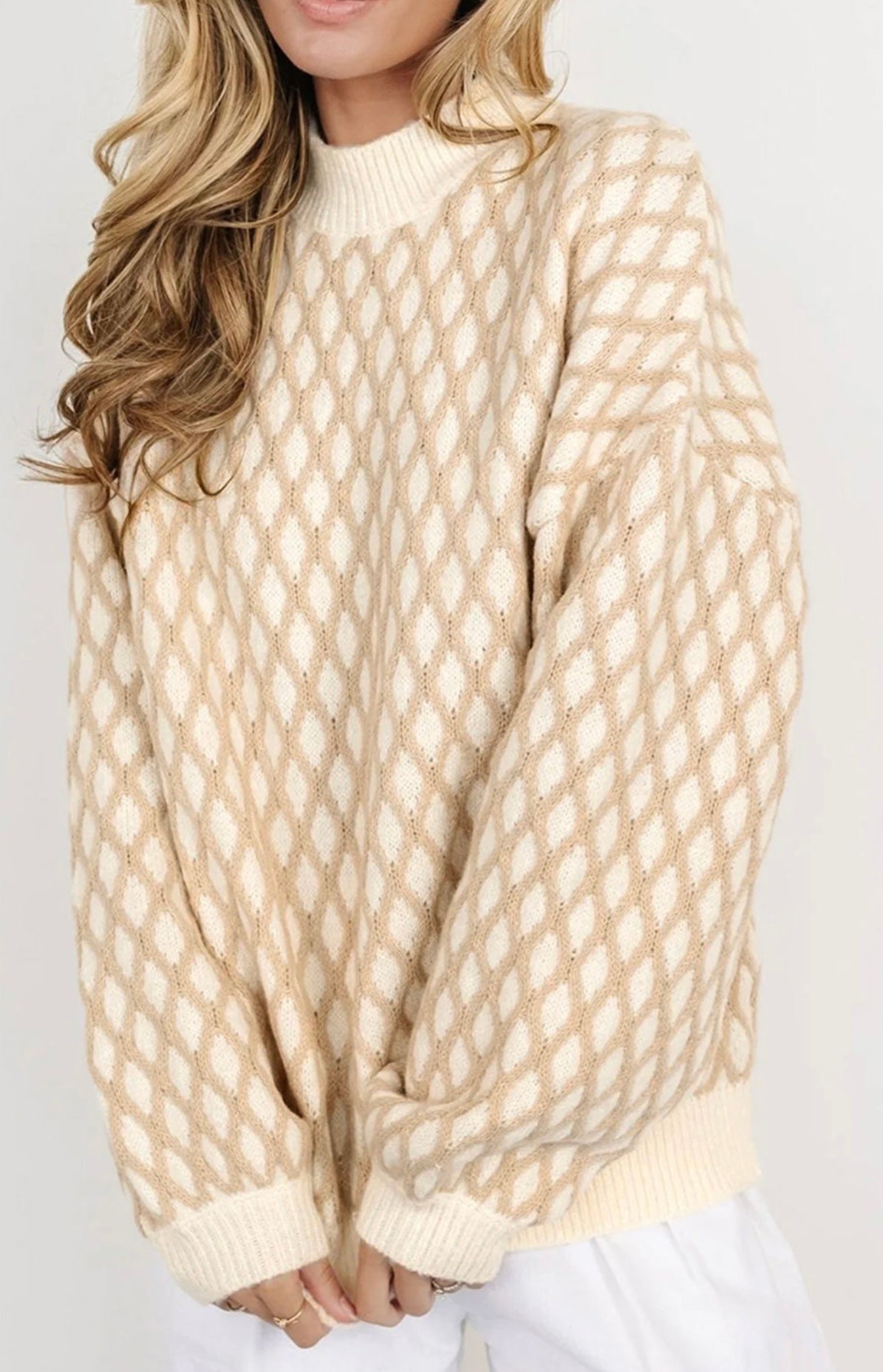 Oatmeal Diamond Knit Drop Shoulder Loose Sweater