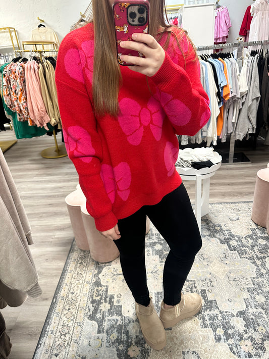 Fiery Red Valentine Bowknot Knitted Round Neck Fashion Sweater