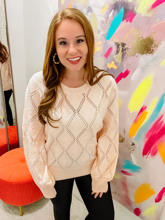 Gossamer Pink Openwork Plaid Puff Sleeve Cropped Sweater