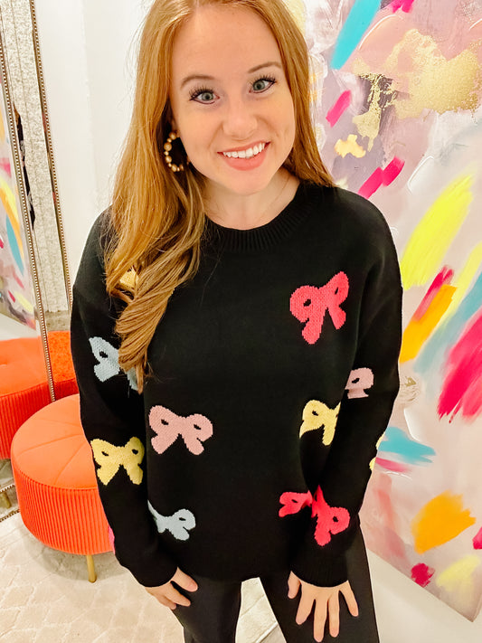 Black Valentine Bow Print Crew Neck Drop Shoulder Sweater