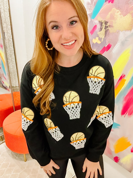Black Basketball Patched Game Day Crew Neck Graphic Sweatshirt