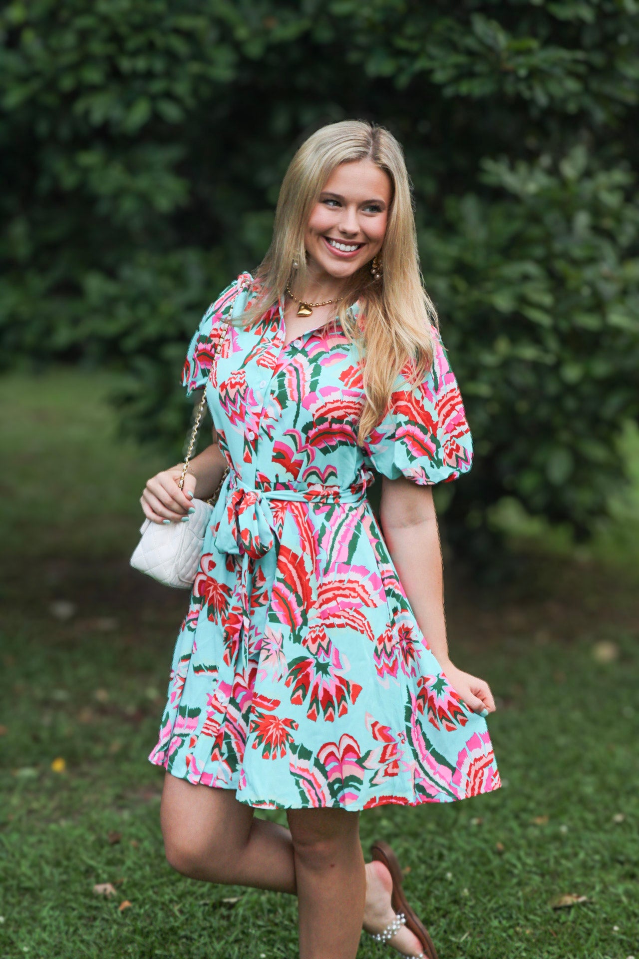 Green Abstract Print Lace-up High Waist Buttoned Mini Dress