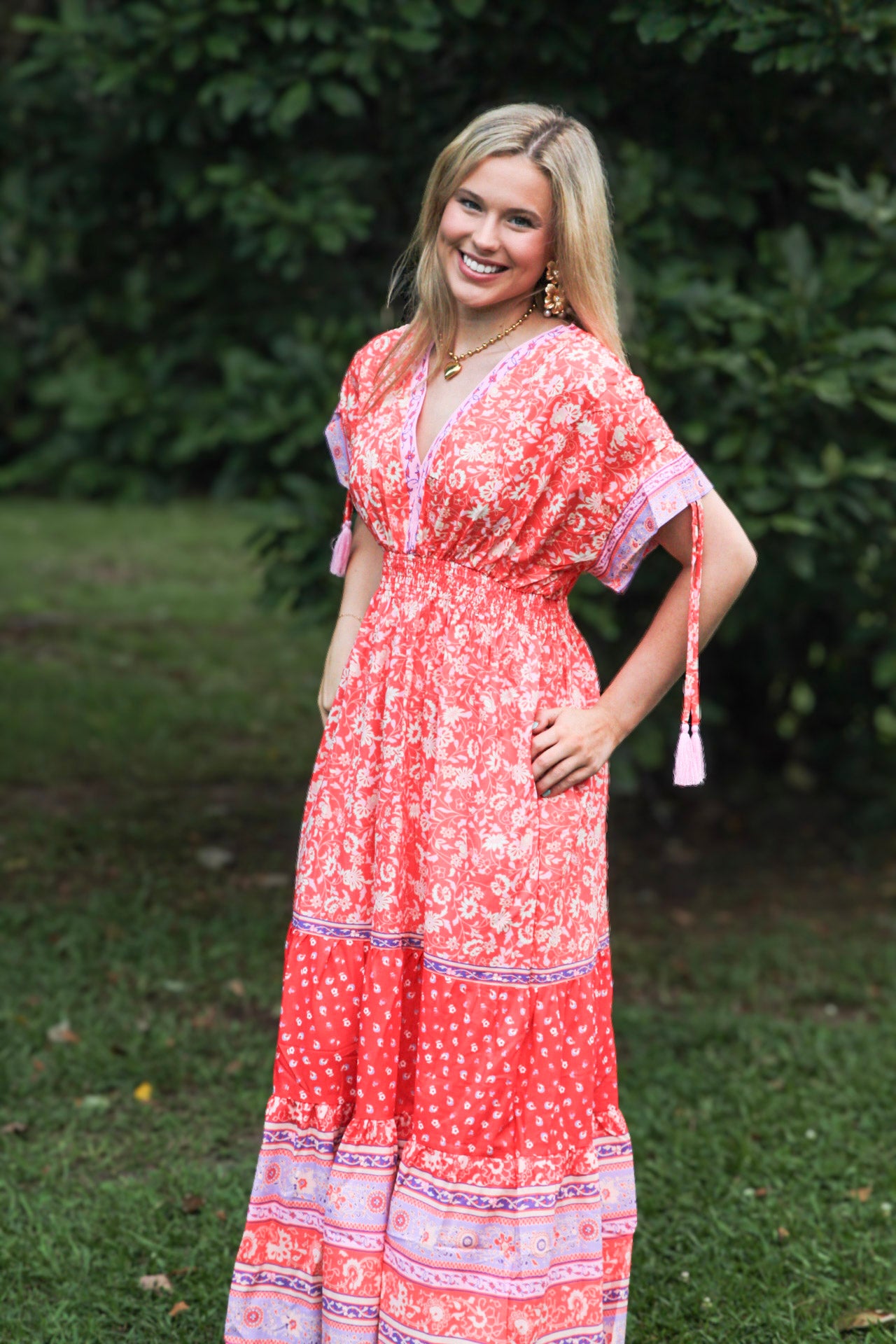 Red Floral Print Tasseled Tied Sleeve Empire Waist Maxi Dress