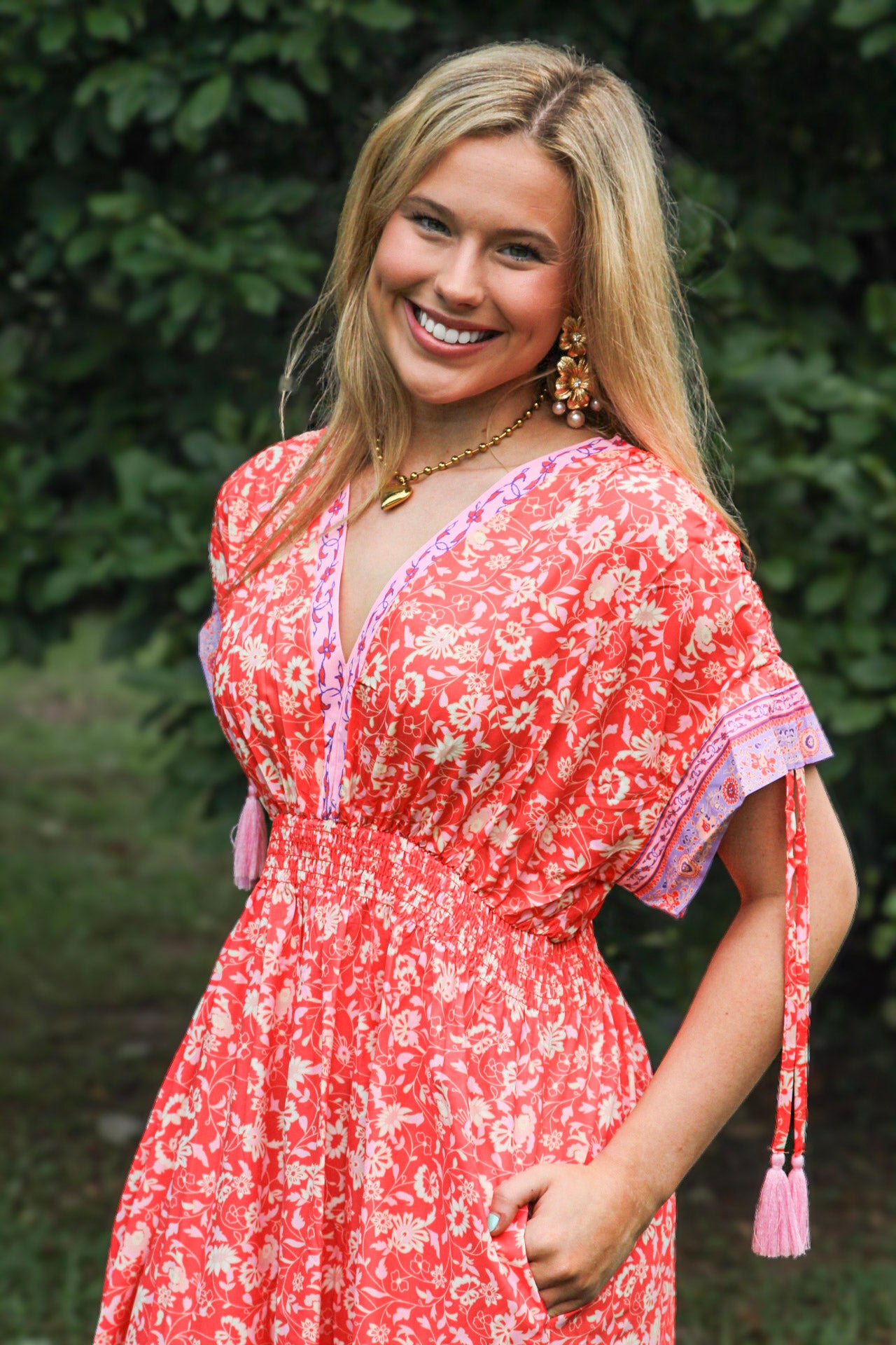 Red Floral Print Tasseled Tied Sleeve Empire Waist Maxi Dress