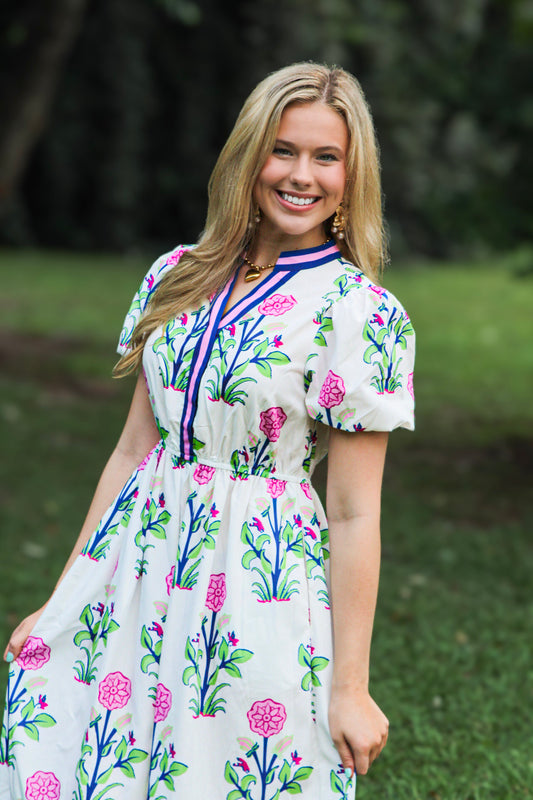 White Floral Puff Short Sleeve V Neck High Waist Maxi Dress