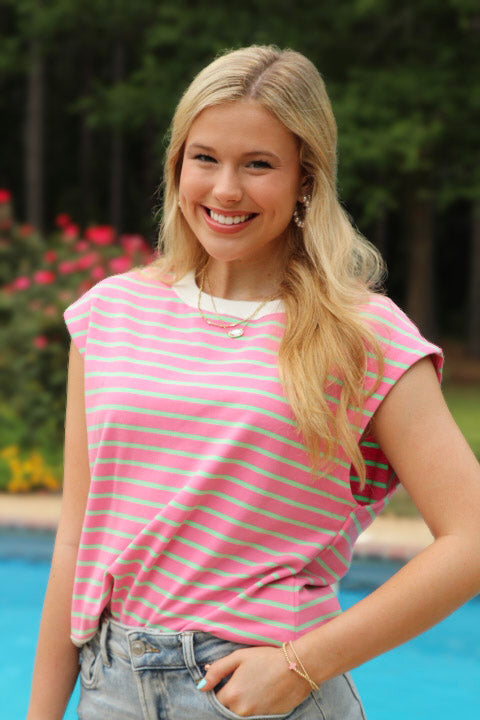 Sachet Pink Striped Crew Neck Cap Sleeve T Shirt