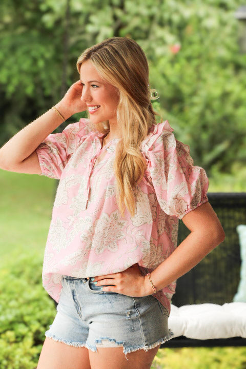Pink Floral Print Drawstring V Neck Puff Sleeve Loose Blouse