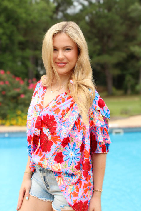 Pink Floral Print Bubble Sleeve Button Up Pleated Shirt