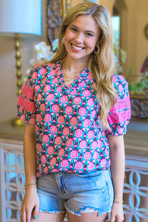 Sachet Pink V-Neck Ruffle Abstract Floral Print Puff Sleeve Top