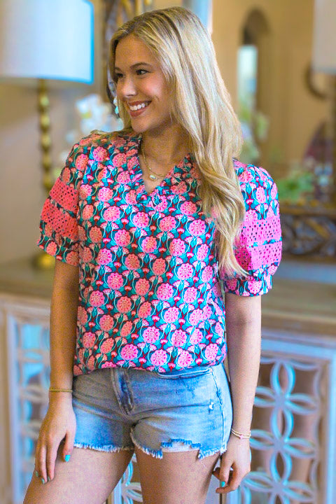 Sachet Pink V-Neck Ruffle Abstract Floral Print Puff Sleeve Top